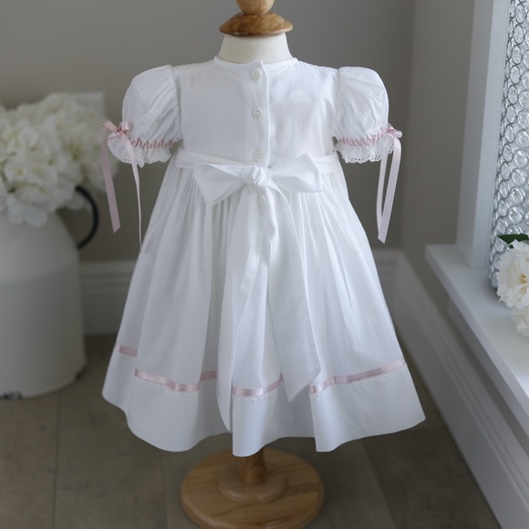 Strasburg Dress Smocked White with Pink Trim Special Occassion Heirloom - Picture 3 of 6